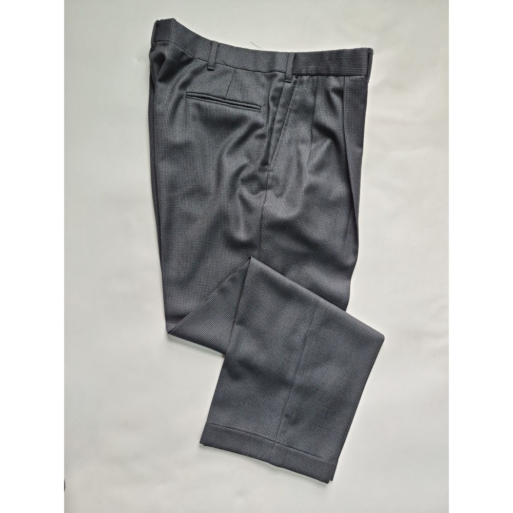 Bespoke Mens 36x29 Pleated Wool Dress Pants Slate Gray Houndstooth Cuffed